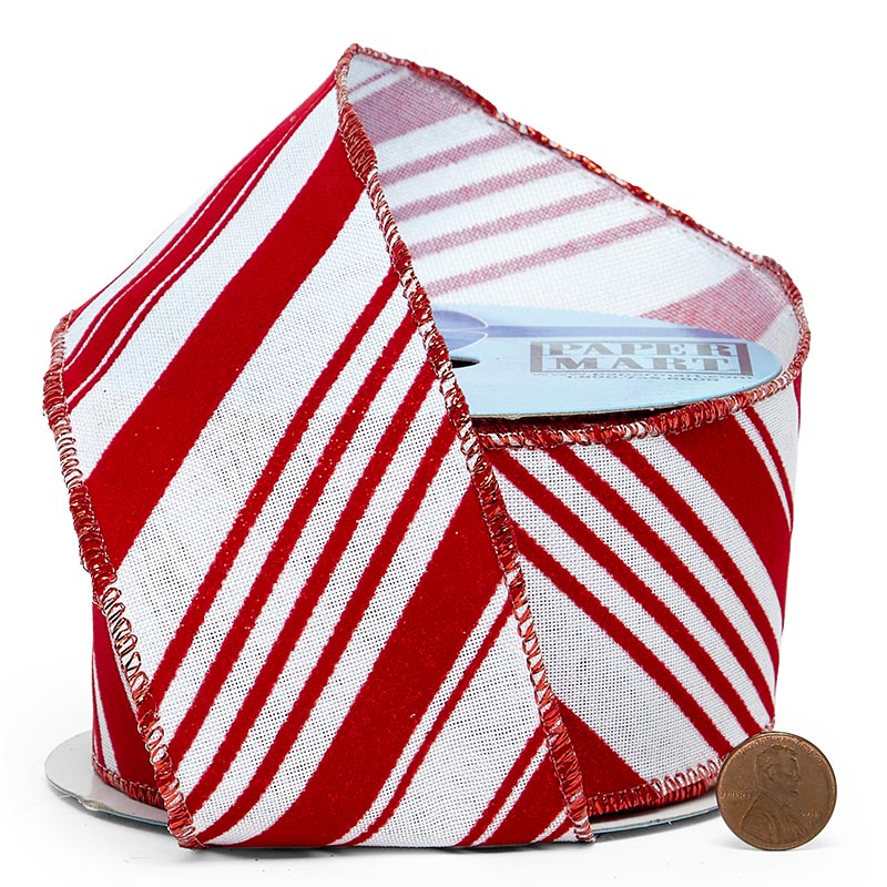 Flocked Glitter Candy Cane Stripes On Wired Ribbon 2 1/2 '' X 10 yd - 1 / ROLL