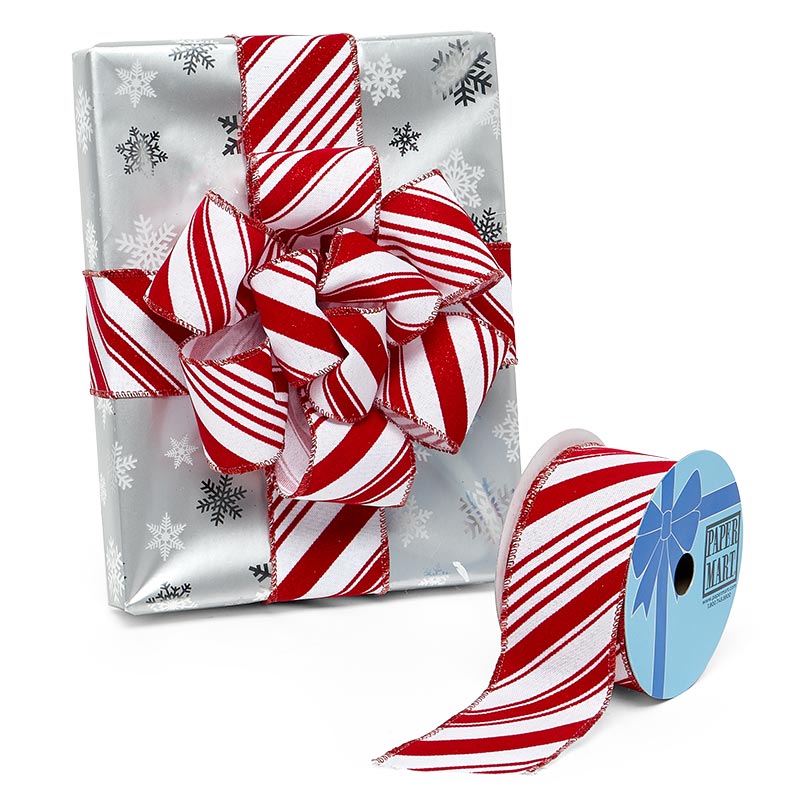 Flocked Glitter Candy Cane Stripes On Wired Ribbon 2 1/2 '' X 10 yd - 1 / ROLL
