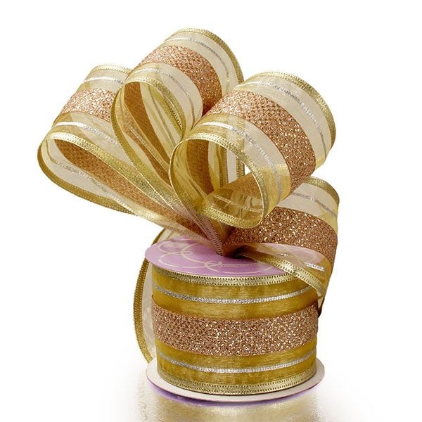 Wendy Striped Holiday Ribbon 2 1/2 '' X 10 yd Gold Color 1 / roll