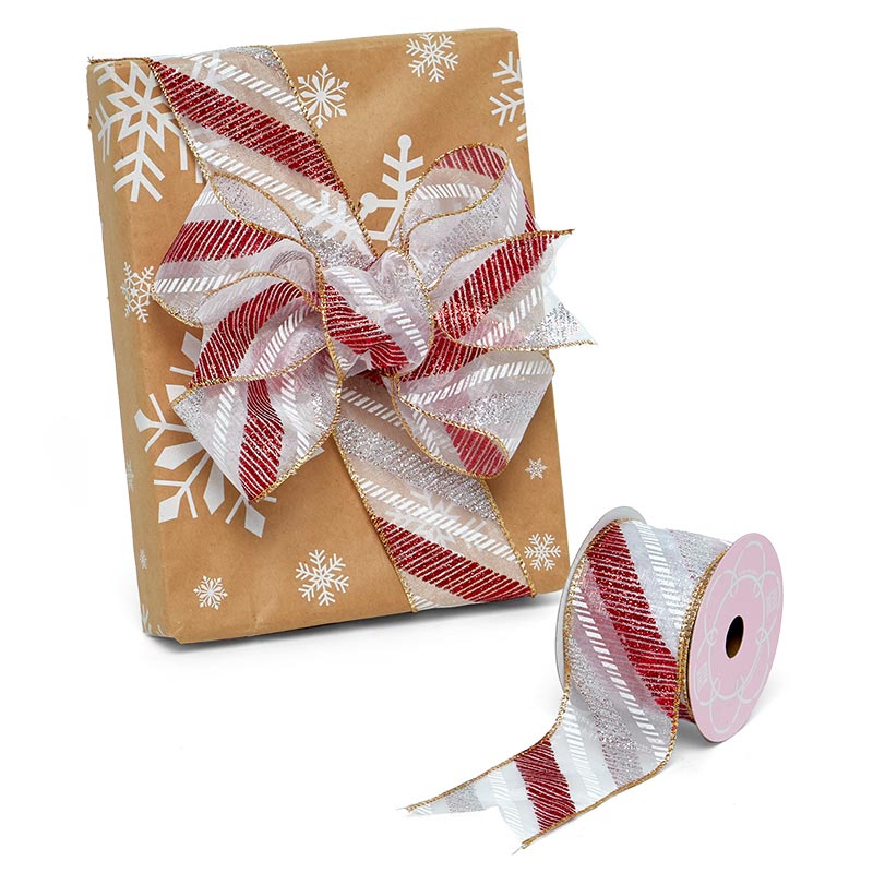 Christmas Diagonal Stripes On Sheer Wired Ribbon 2 1/2 '' X 10 yd - 1 / ROLL