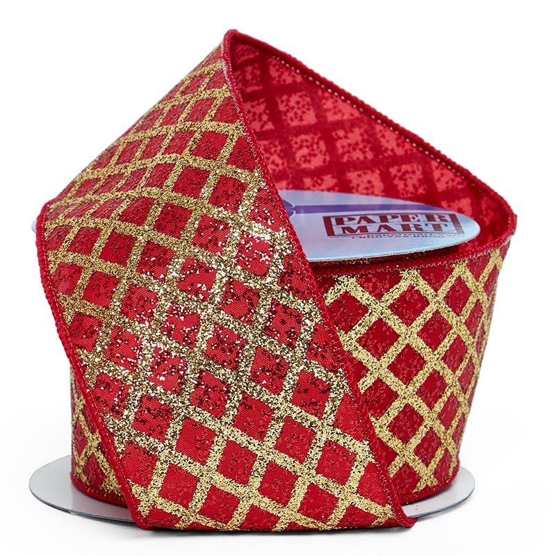 Glitter Christmas Wired Ribbon – Criss Cross, 2 1/2" x 10 Yards (1 Roll)