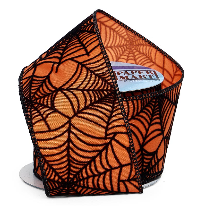 Orange Spider Web Wired Ribbon 2 1/2'' x 10 yd Flocked Web - 1 / ROLL