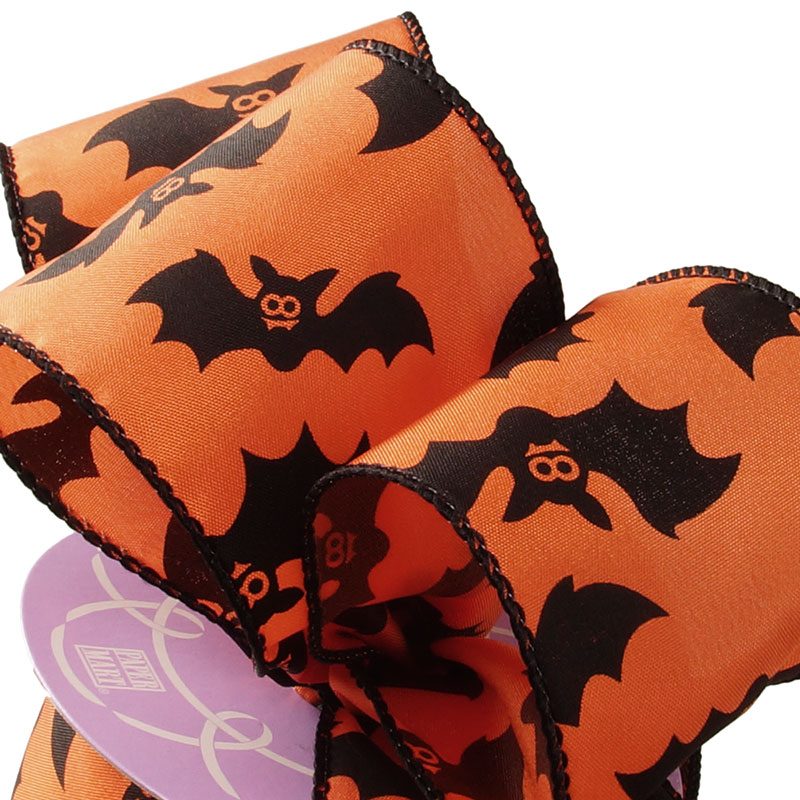 Orange Bats Halloween Satin Wired Ribbon 2 1/2'' x 10 yd - 1 / ROLL