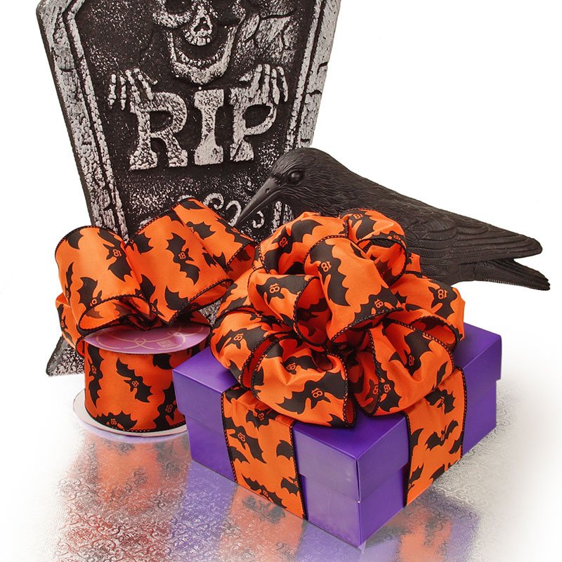 Orange Bats Halloween Satin Wired Ribbon 2 1/2'' x 10 yd - 1 / ROLL