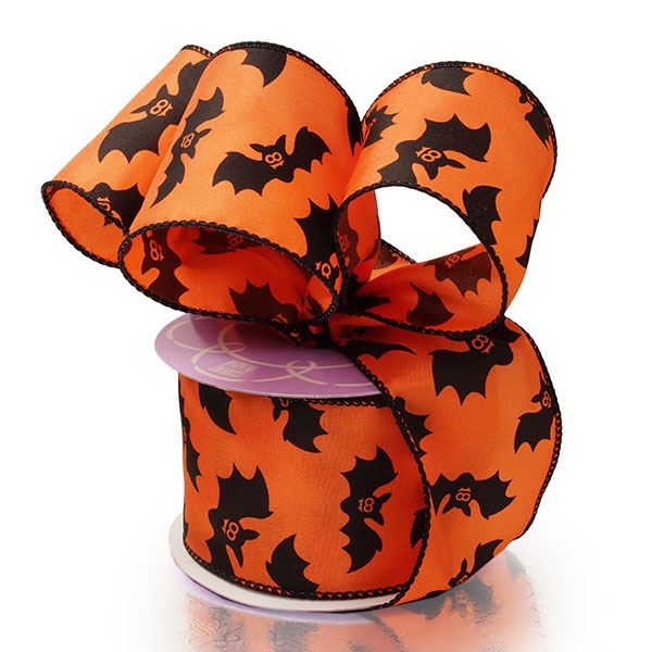 Orange Bats Halloween Satin Wired Ribbon 2 1/2'' x 10 yd - 1 / ROLL