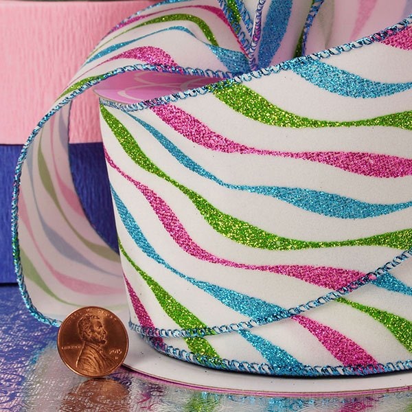 Multi Wave Party Flocked Ribbon 2 1/2 '' X 10 yd - 1 / ROLL
