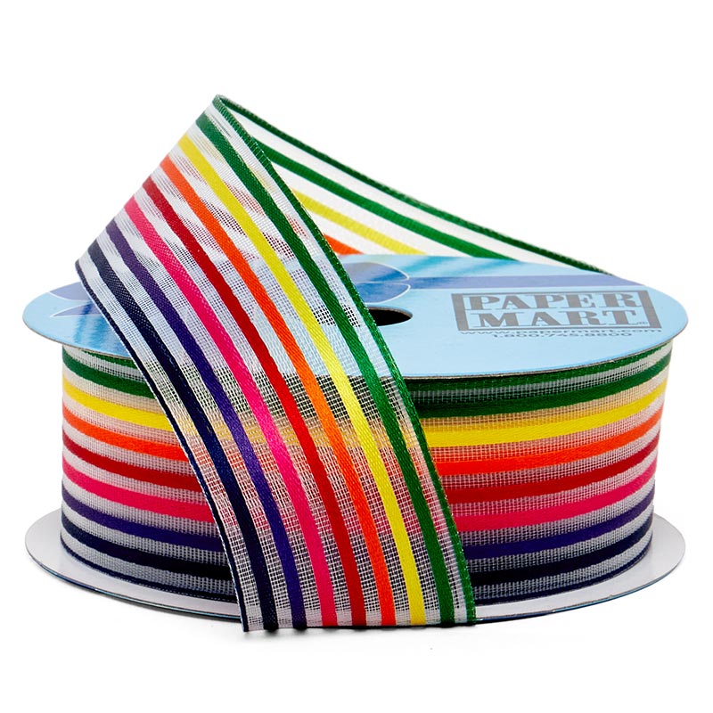 Multi-Colored Stripes On Sheer Wired Ribbon Rainbow Stripes Color 1 / ROLL