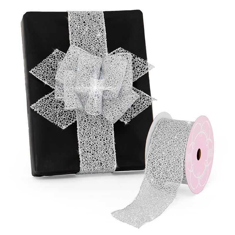 Sparkling Silver Metallic Wired Ribbon 2 1/2 '' X 10 yd - 1 / ROLL
