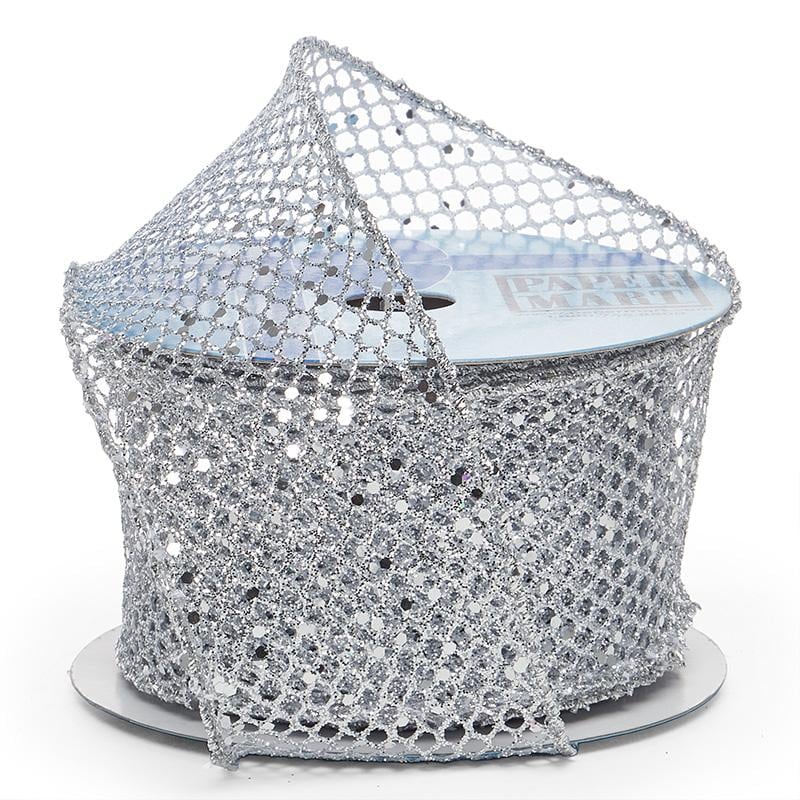 Plain Mesh Wired Ribbon 2 1/2 '' X 10 yd White Metallic (Glitter) Color 1 / roll