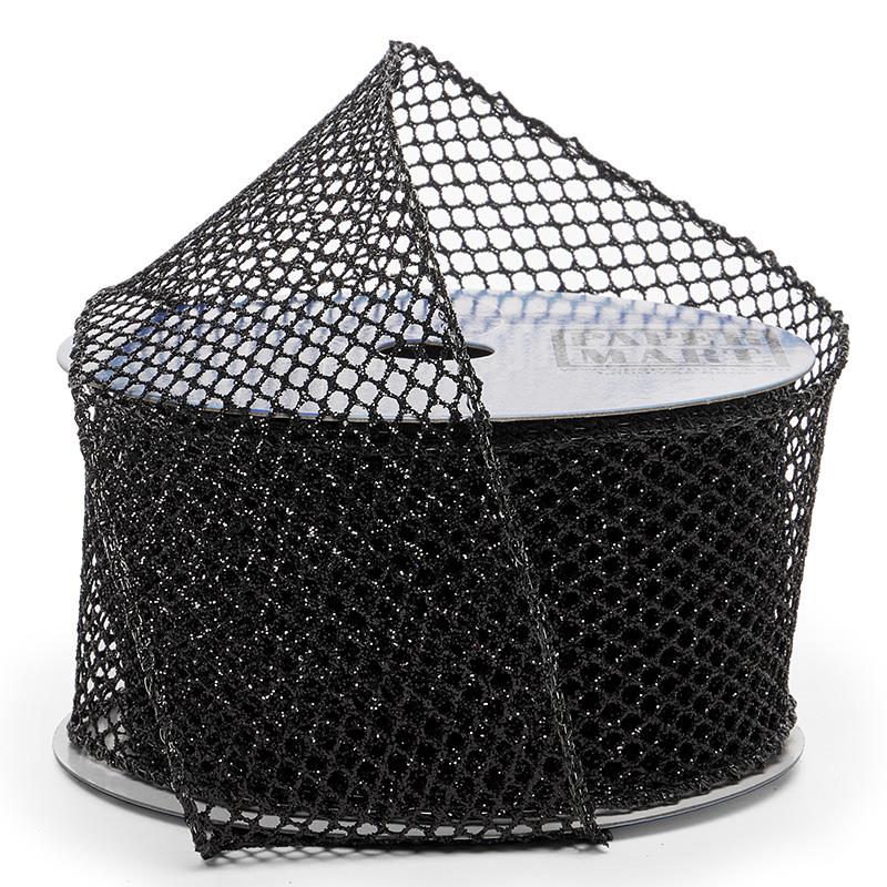 Plain Mesh Wired Ribbon 2 1/2 '' X 10 yd Black Metallic (Glitter) Color 1 / roll