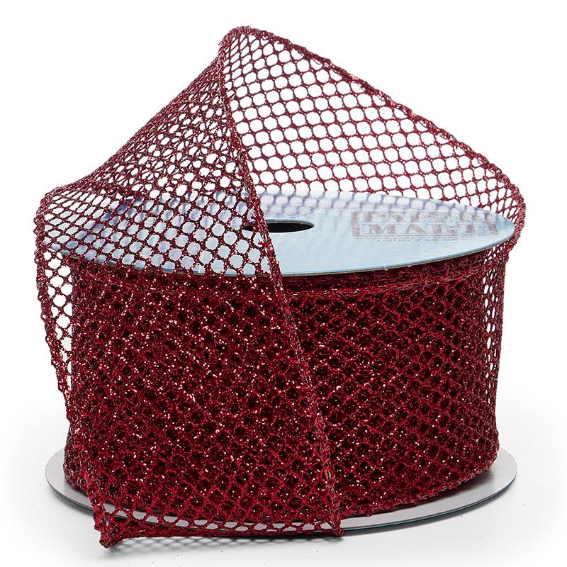 Plain Mesh Wired Ribbon 2 1/2 '' X 10 yd Scarlet Metallic (Glitter) Color 1 / roll