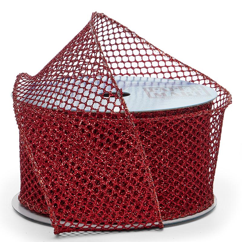 Plain Mesh Wired Ribbon 2 1/2 '' X 10 yd Red Metallic (Glitter) Color 1 / roll