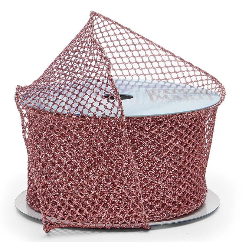 Plain Mesh Wired Ribbon 2 1/2 '' X 10 yd Pink Metallic (Glitter) Color 1 / roll
