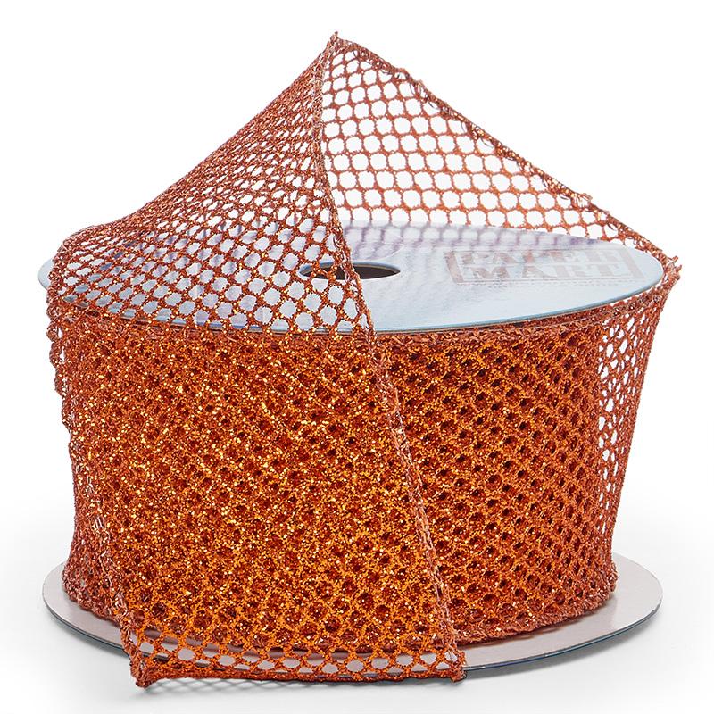 Plain Mesh Wired Ribbon 2 1/2 '' X 10 yd Tangerine Metallic (Glitter) Color 1 / roll