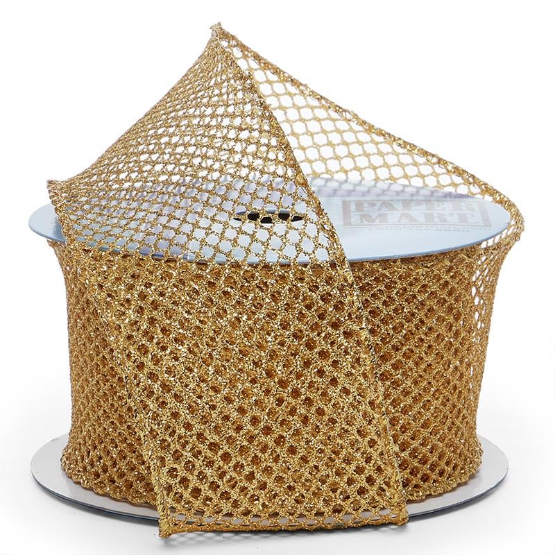 Plain Mesh Wired Ribbon 2 1/2 '' X 10 yd Yellow Gold (Plain) Color 1 / roll