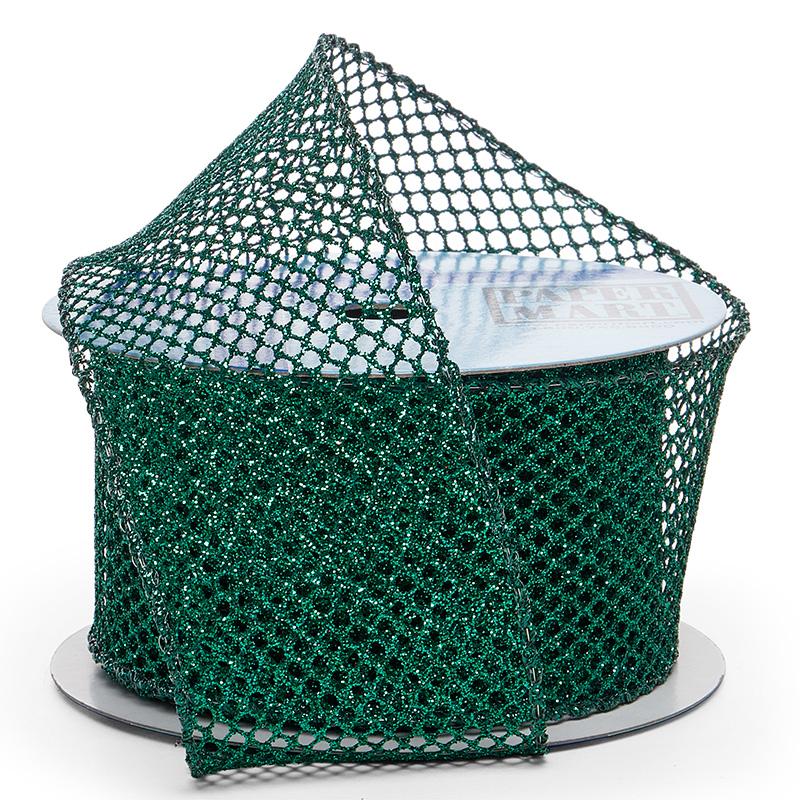 Plain Mesh Wired Ribbon 2 1/2 '' X 10 yd Emerald Metallic (Glitter) Color 1 / roll