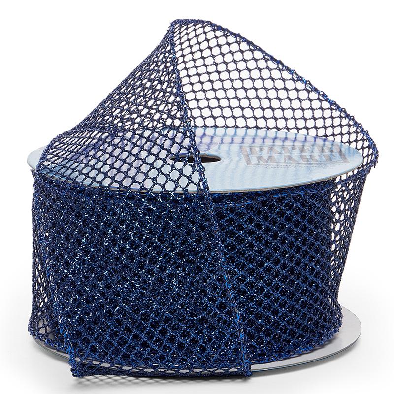 Plain Mesh Wired Ribbon 2 1/2 '' X 10 yd Navy Metallic (Glitter) Color 1 / roll
