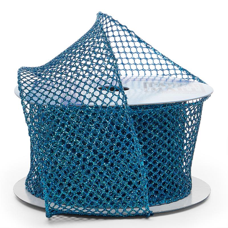 Plain Mesh Wired Ribbon 2 1/2 '' X 10 yd Turquoise Metallic (Glitter) Color 1 / roll