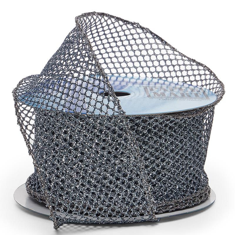 Plain Mesh Wired Ribbon 2 1/2 '' X 10 yd Silver Metallic (Glitter) Color 1 / roll