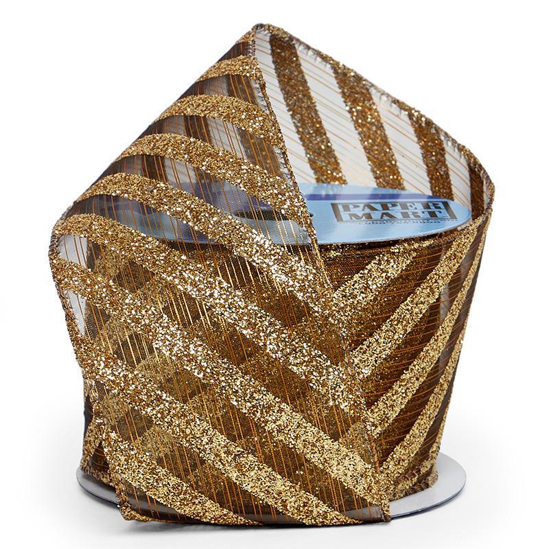 Gold Diagonal Stripes on Wired Ribbon Thin Stripe – 2.5" x 10 Yards (1 Roll)