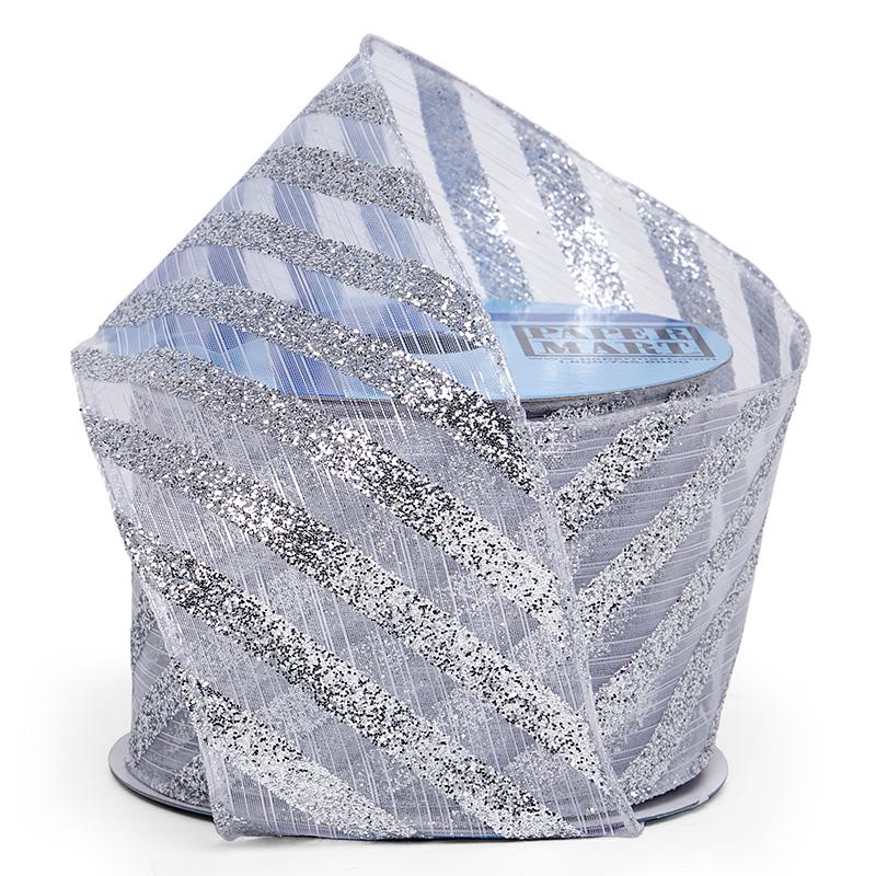 Silver Diagonal Stripes on Wired Ribbon Thin Stripe – 2.5" x 10 Yards (1 Roll)