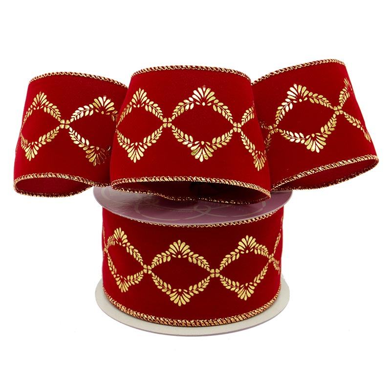 Flocked Christmas Wired Ribbons 2 1/2 '' x 10 yd Gold Embossed Burgundy Velour Color 1 / ROLL
