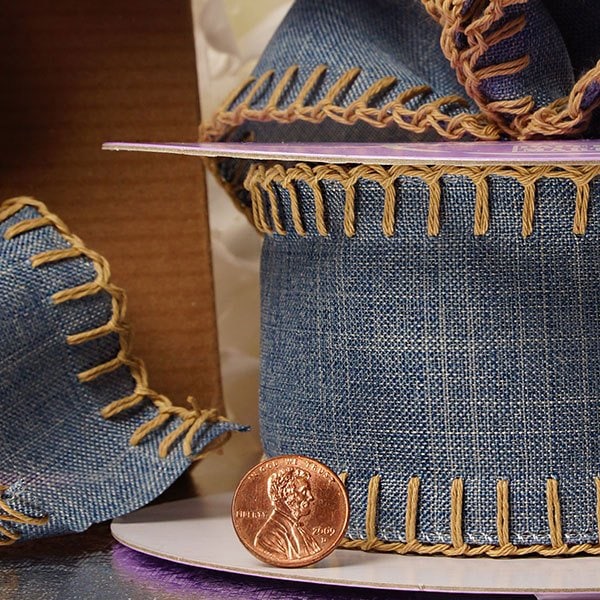 Overstitched Blue Denim Ribbon 2 1/2 '' X 10 yd - 1 / ROLL