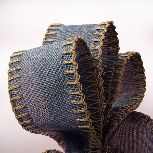Overstitched Blue Denim Ribbon 2 1/2 '' X 10 yd - 1 / ROLL