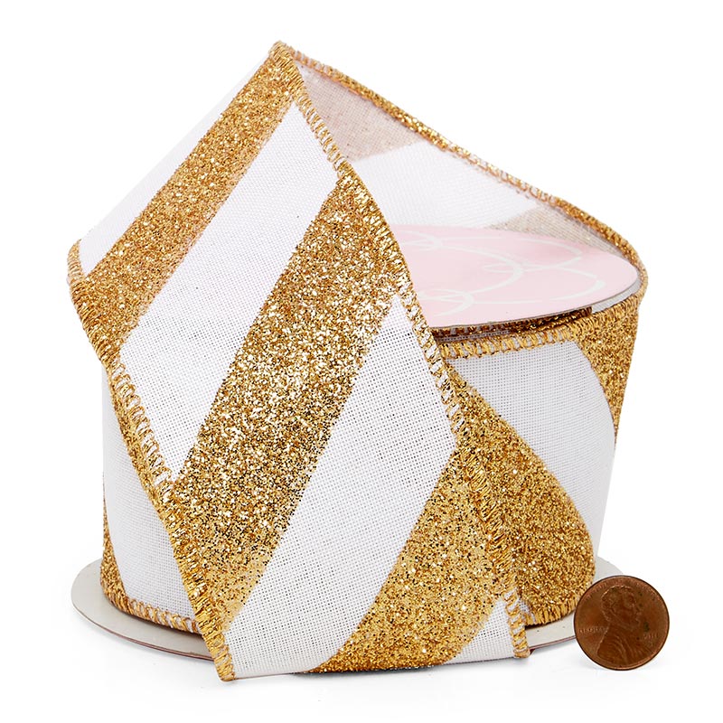 Diagonal Glitter Striped Faux Linen Wired Ribbon 2 1/2 '' X 10 yd - 1 / ROLL