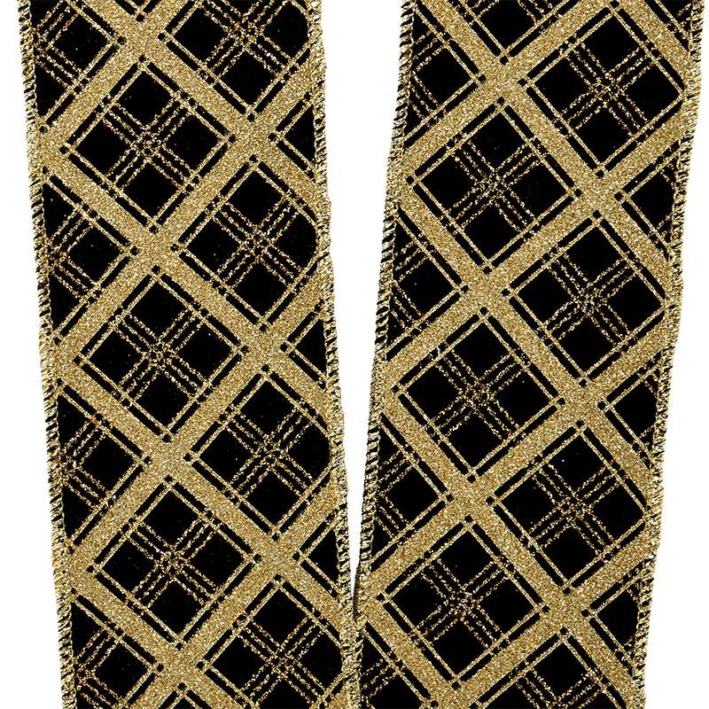 Glitter Gold Diamond Pattern On Black Flocked Ribbon 2 1/2 '' X 10 yd - 1 / ROLL