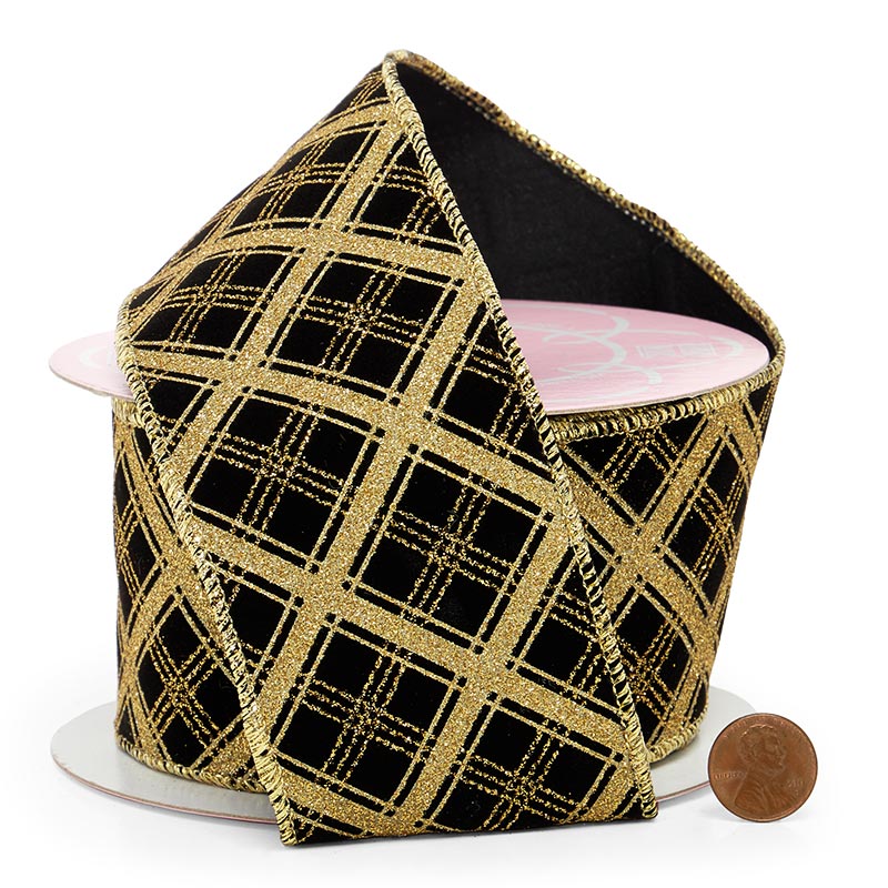 Glitter Gold Diamond Pattern On Black Flocked Ribbon 2 1/2 '' X 10 yd - 1 / ROLL