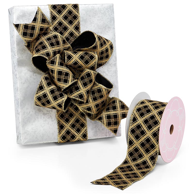 Glitter Gold Diamond Pattern On Black Flocked Ribbon 2 1/2 '' X 10 yd - 1 / ROLL