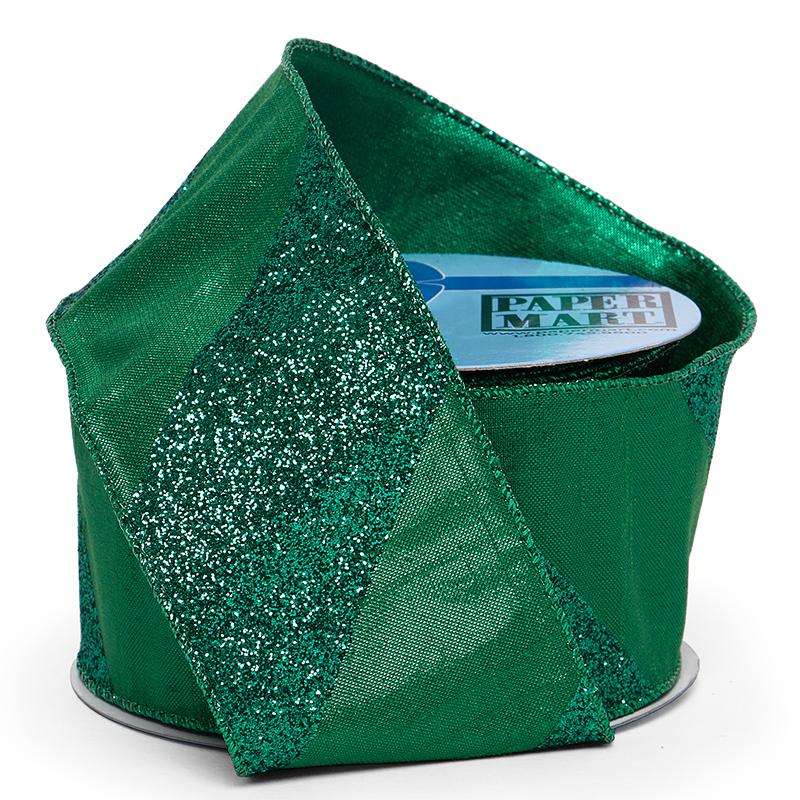 Green Diagonal Stripes on Wired Ribbon Wide Stripe – 2.5" x 10 Yards (1 Roll)