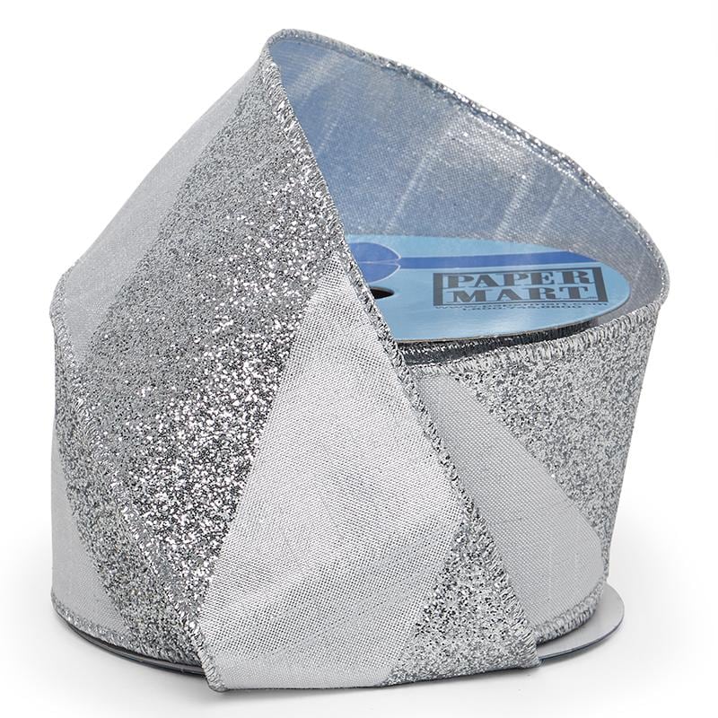 Silver Diagonal Stripes on Wired Ribbon Wide Stripe – 2.5" x 10 Yards (1 Roll)