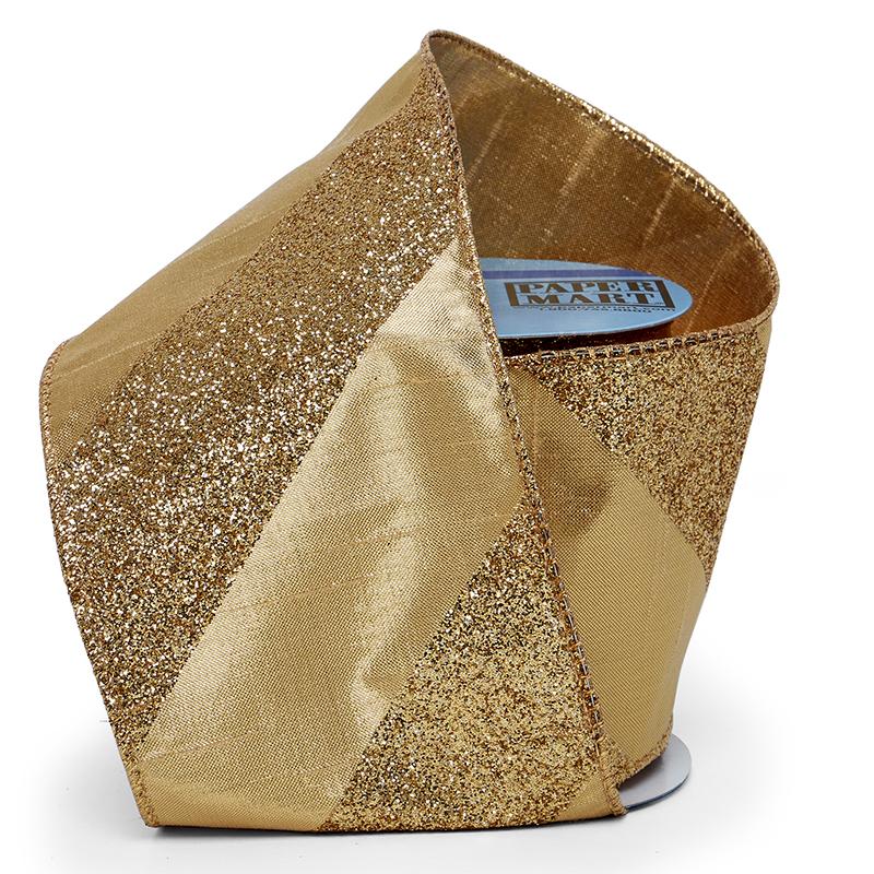 Extra Wide Gold Metallic Stripes on Wired Ribbon – 4" x 10 Yards (1 Roll)
