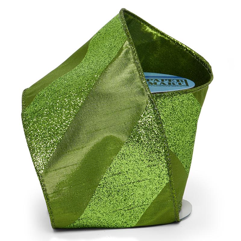 Extra Wide Lime Metallic Stripes on Wired Ribbon – 4" x 10 Yards (1 Roll)