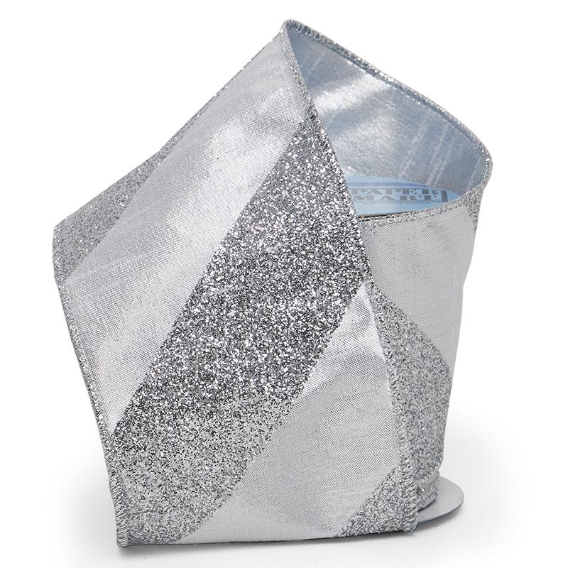 Extra Wide Silver Metallic Stripes on Wired Ribbon – 4" x 10 Yards (1 Roll)