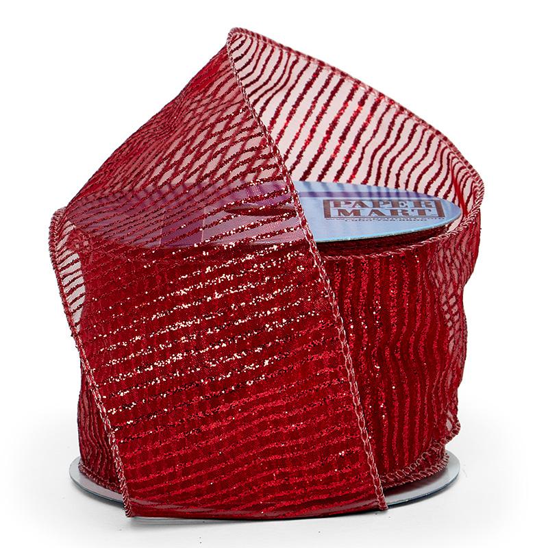 Red (Sheer) Metallic Glitter Stripes on Wired Ribbon – 2.5" x 10 Yards (1 Roll)