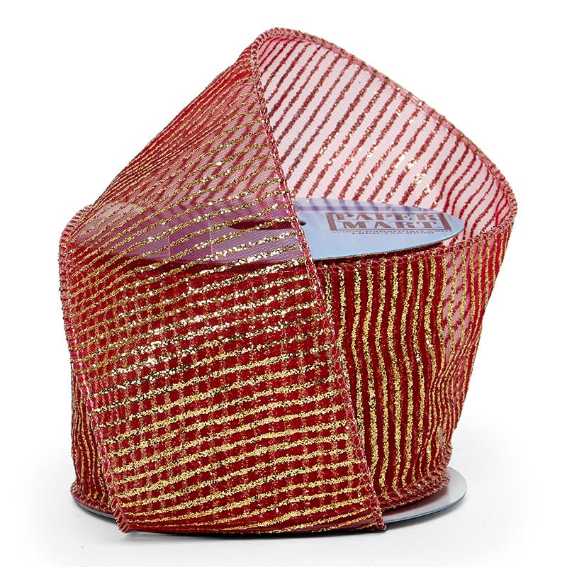 Gold/Red (Sheer) Metallic Glitter Stripes on Wired Ribbon – 2.5" x 10 Yards (1 Roll)