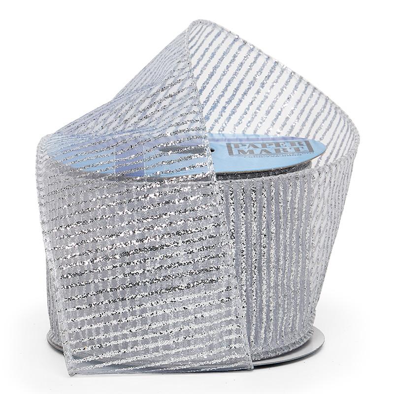 Silver Sheer Metallic Glitter Stripes on Wired Ribbon – 2.5" x 10 Yards (1 Roll)