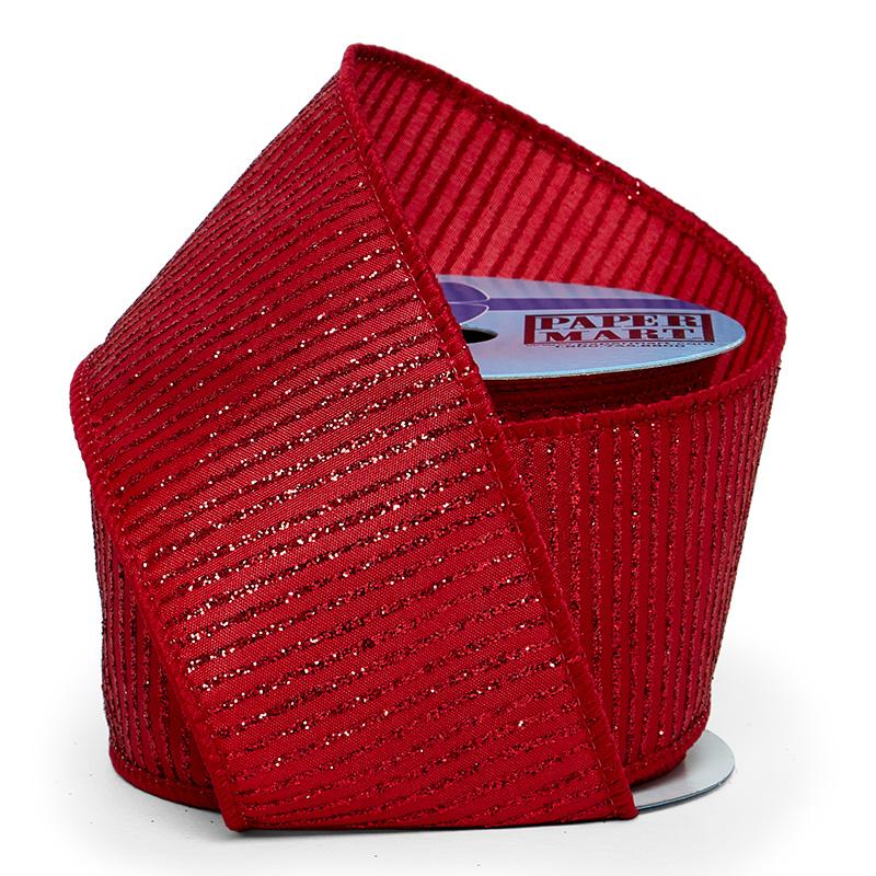 Red Metallic Glitter Stripes on Wired Ribbon – 2.5" x 10 Yards (1 Roll)