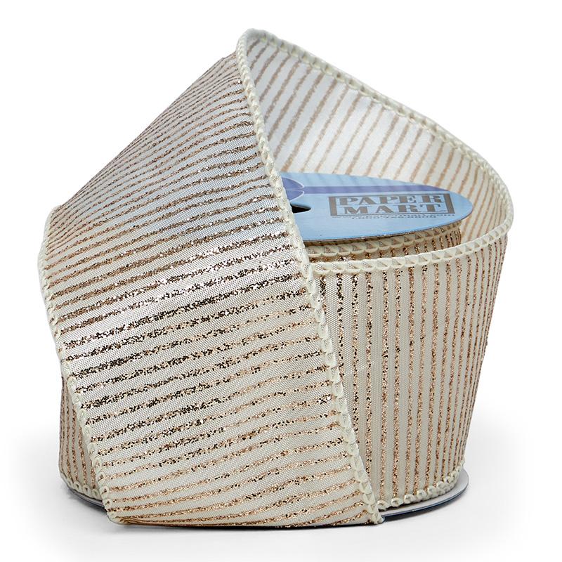 Gold/Ivory Metallic Glitter Stripes on Wired Ribbon – 2.5" x 10 Yards (1 Roll)