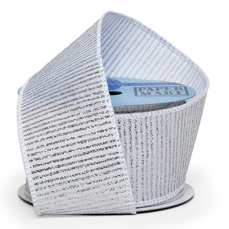 Silver/White Metallic Glitter Stripes on Wired Ribbon – 2.5" x 10 Yards (1 Roll)