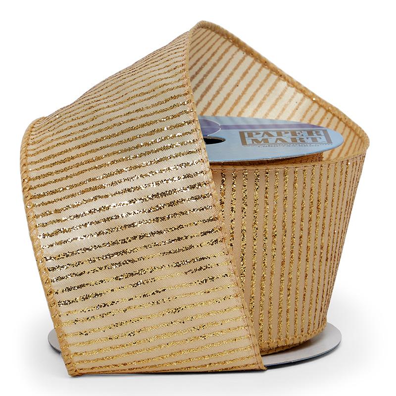 Gold Metallic Glitter Stripes on Wired Ribbon – 2.5" x 10 Yards (1 Roll)