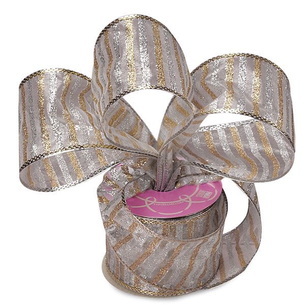 Christmas Sheer Wired Ribbon Collection 2 1/2 '' X 10 yd - Gold / Silver Stripe Color 1 / ROLL