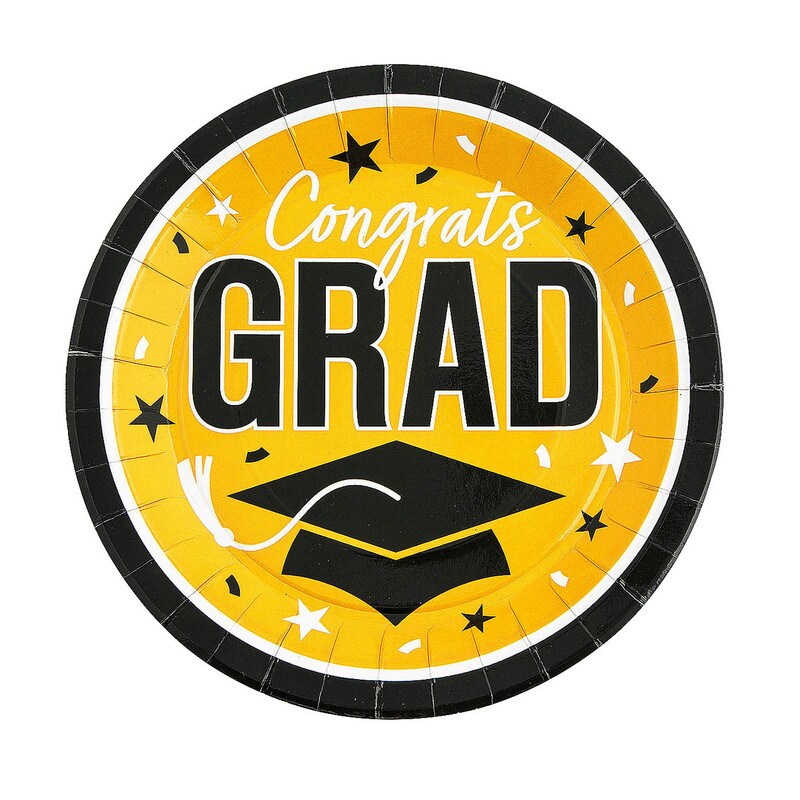 Yellow Congrats Grad Graduation Party Round Paper Dinner Plates 9 Inch 25 Count