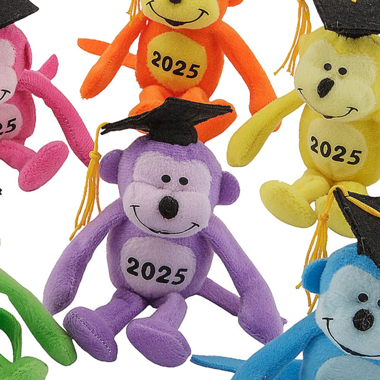6" Graduation Class of 2025 Neon Multicolor Stuffed Monkeys 12 Pc.