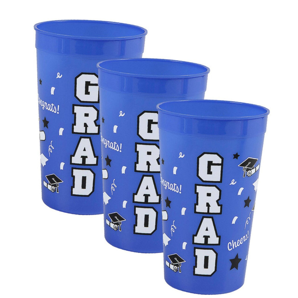 Bright Blue Grad Reusable Plastic Tumblers 32 oz 12 Count Graduation Party Cups