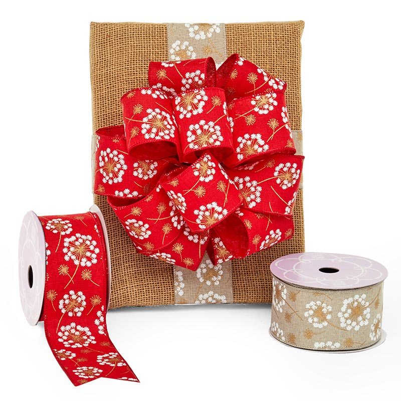 Natural Floral Linen Ribbon 2 1/2 '' X 10 yd - Red Color 1 / ROLL