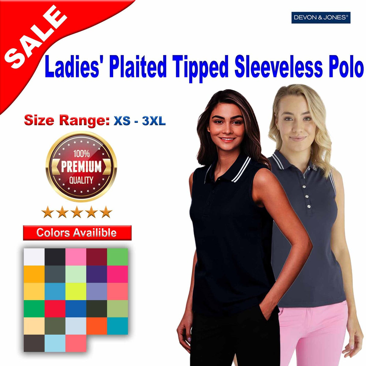 Devon & Jones® CrownLux Performance Ladies Plaited Tipped Sleeveless Polo